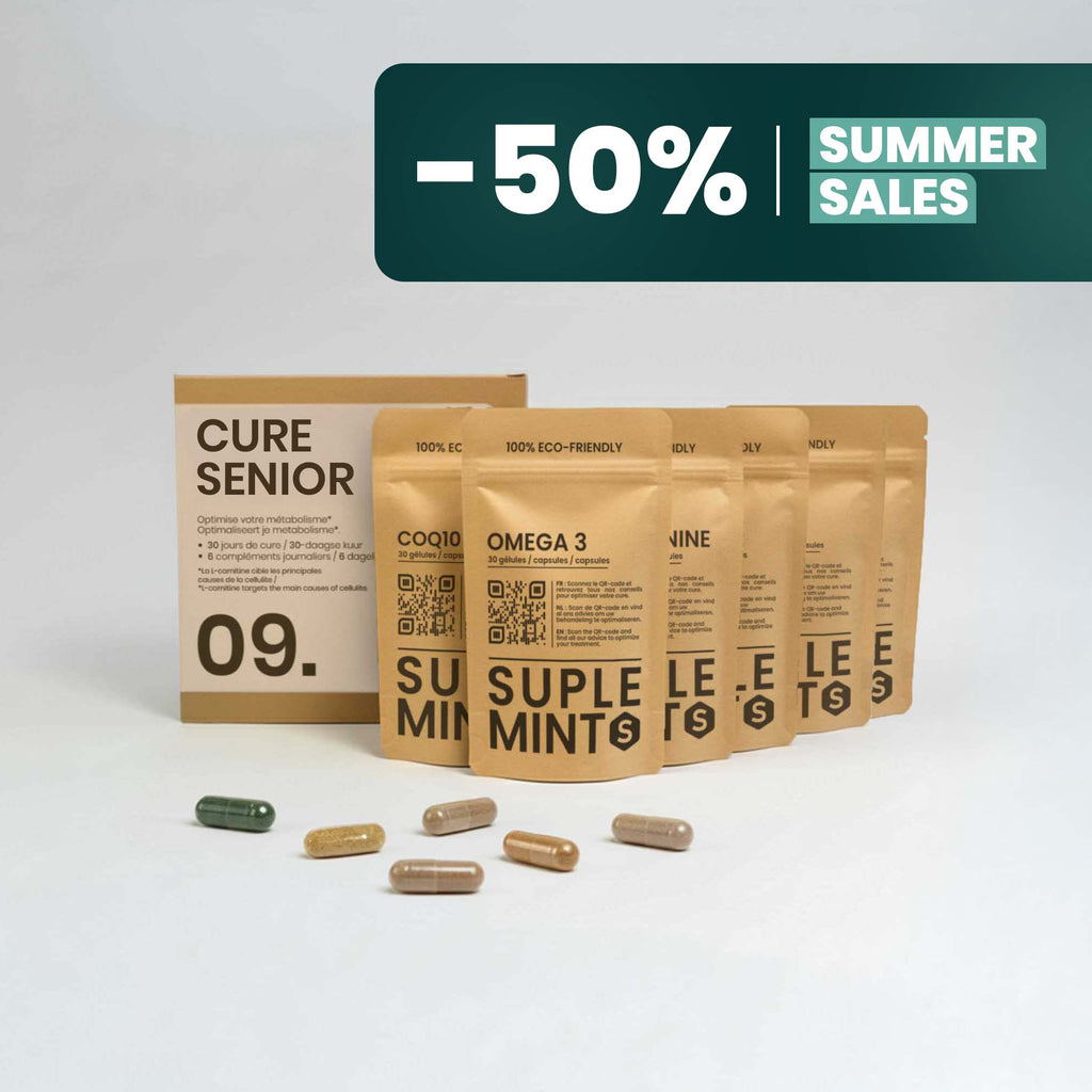 Cure SENIOR® | Longévité et Bien-être | CoQ10 Oméga-3 Multivitamines Bêta-Alanine L-Carnosine | 150 gélules 30j