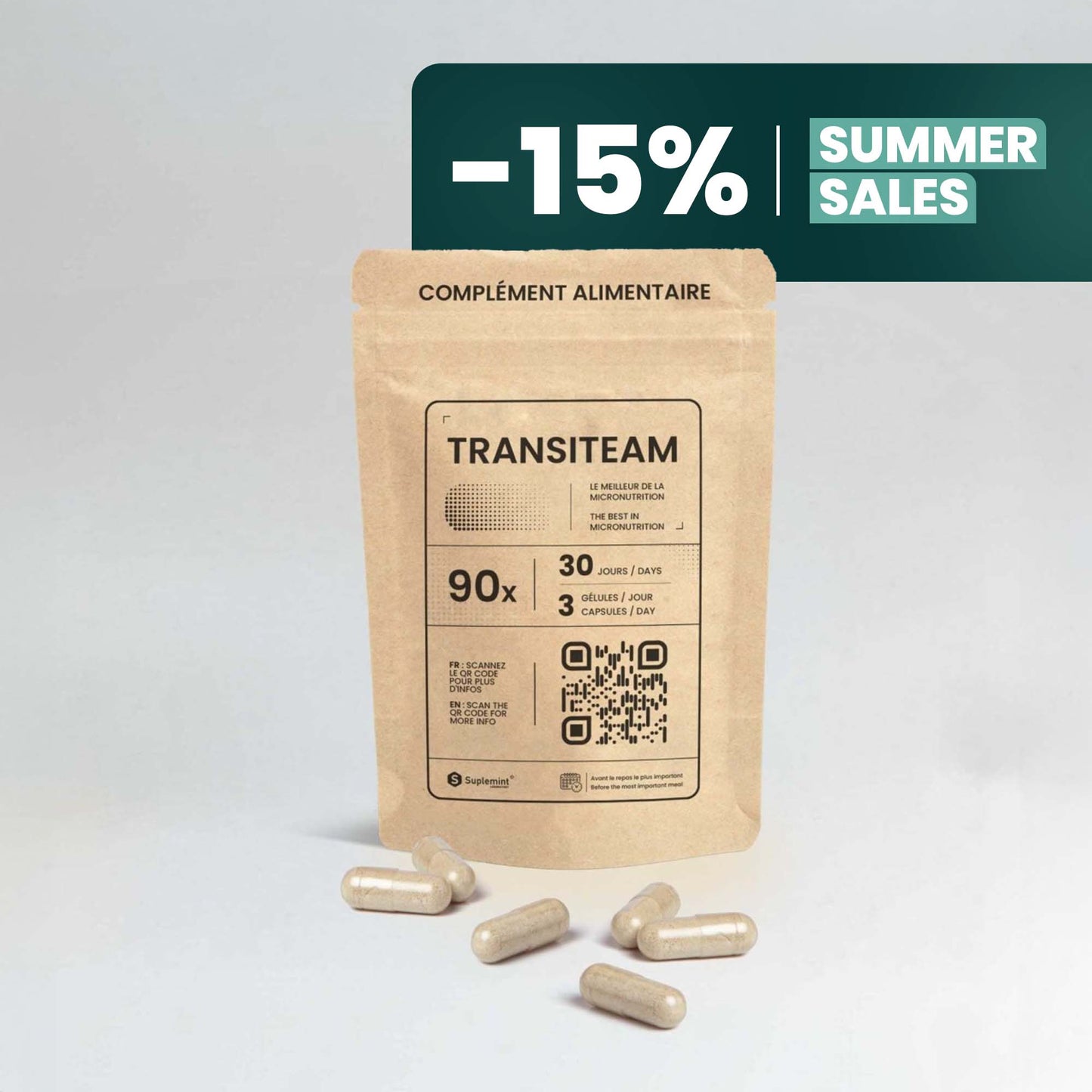 Gélule TRANSITEAM® | Transit Intestinal | Psyllium 1500mg Probiotiques 7.5 Milliards | 90 gélules