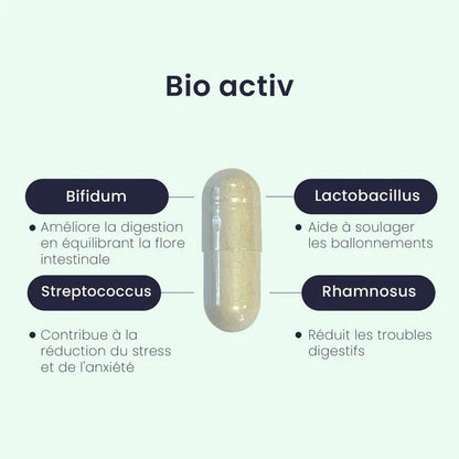 Gélule BIO ACTIV® | Probiotiques 20 Milliards | 6 Souches Lactobacillus Bifidobacterium | 30 gélules gastrorésistantes - Suplemint