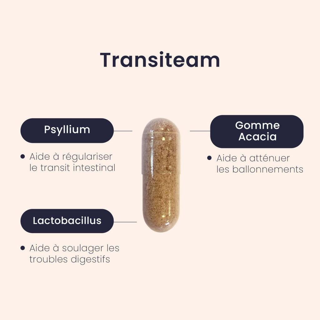 Gélule TRANSITEAM® | Transit Intestinal | Psyllium 1500mg Probiotiques 7.5 Milliards | 90 gélules - Suplemint